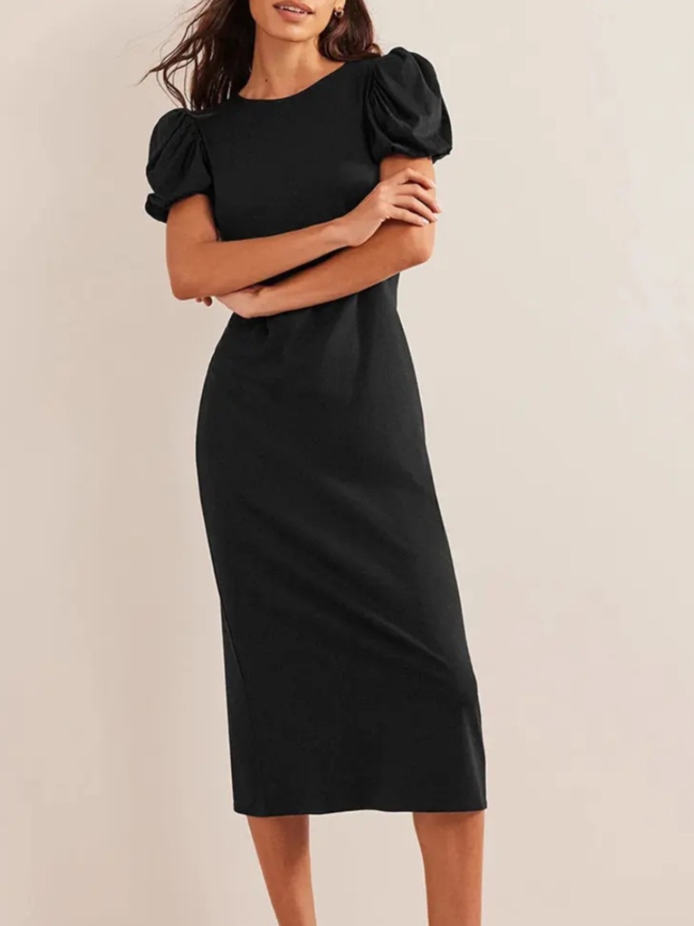 Boden Black Puff-Sleeve Jersey Midi Dress